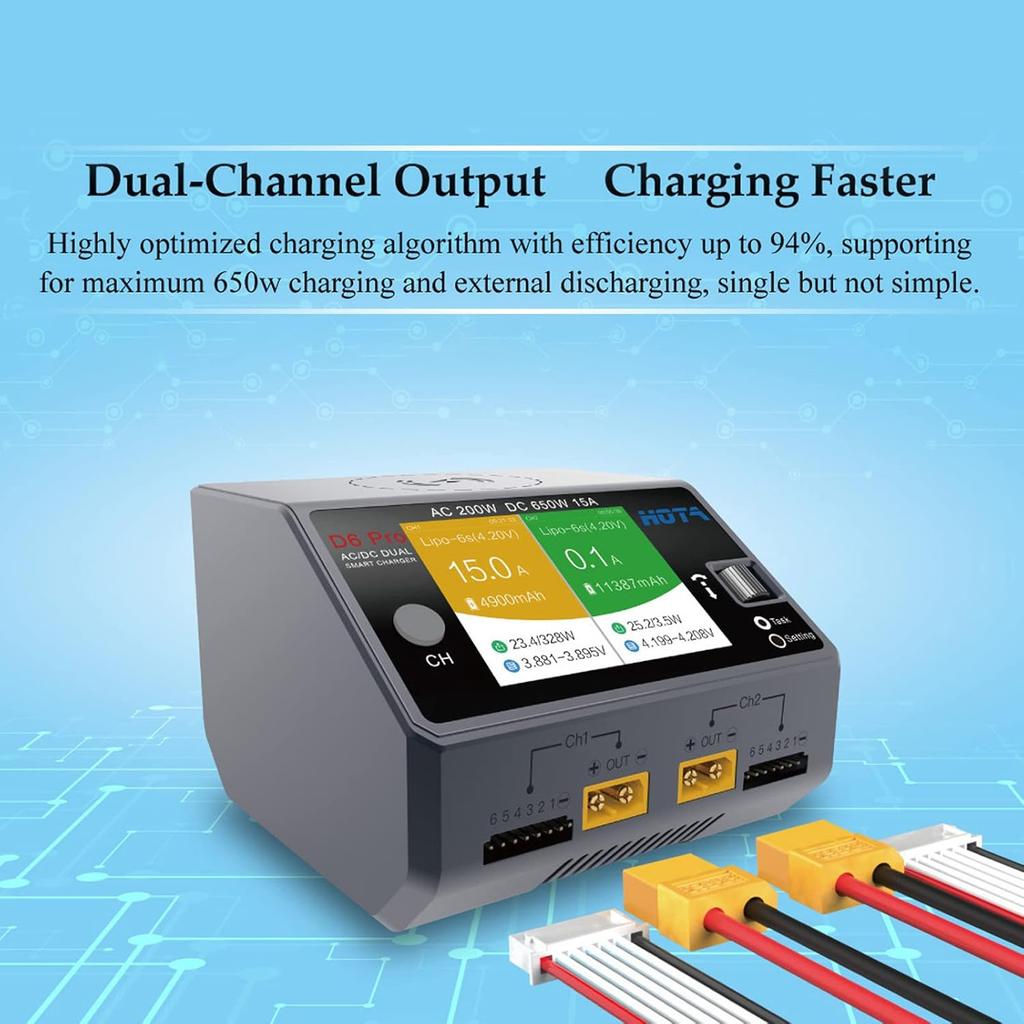 D6 Pro Lipo Battery Charger Dual Channel Smart Charger AC200W DC650W Balance Charger for RC Lipo NiMH Battery Drone Spare Parts