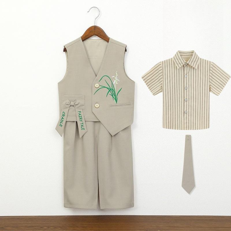 Kids Boys Chinese Style Formal Suit Set Orchid Embroidered Vest Striped Shirt Pants Gentleman Outfit for Wedding Birthday Party