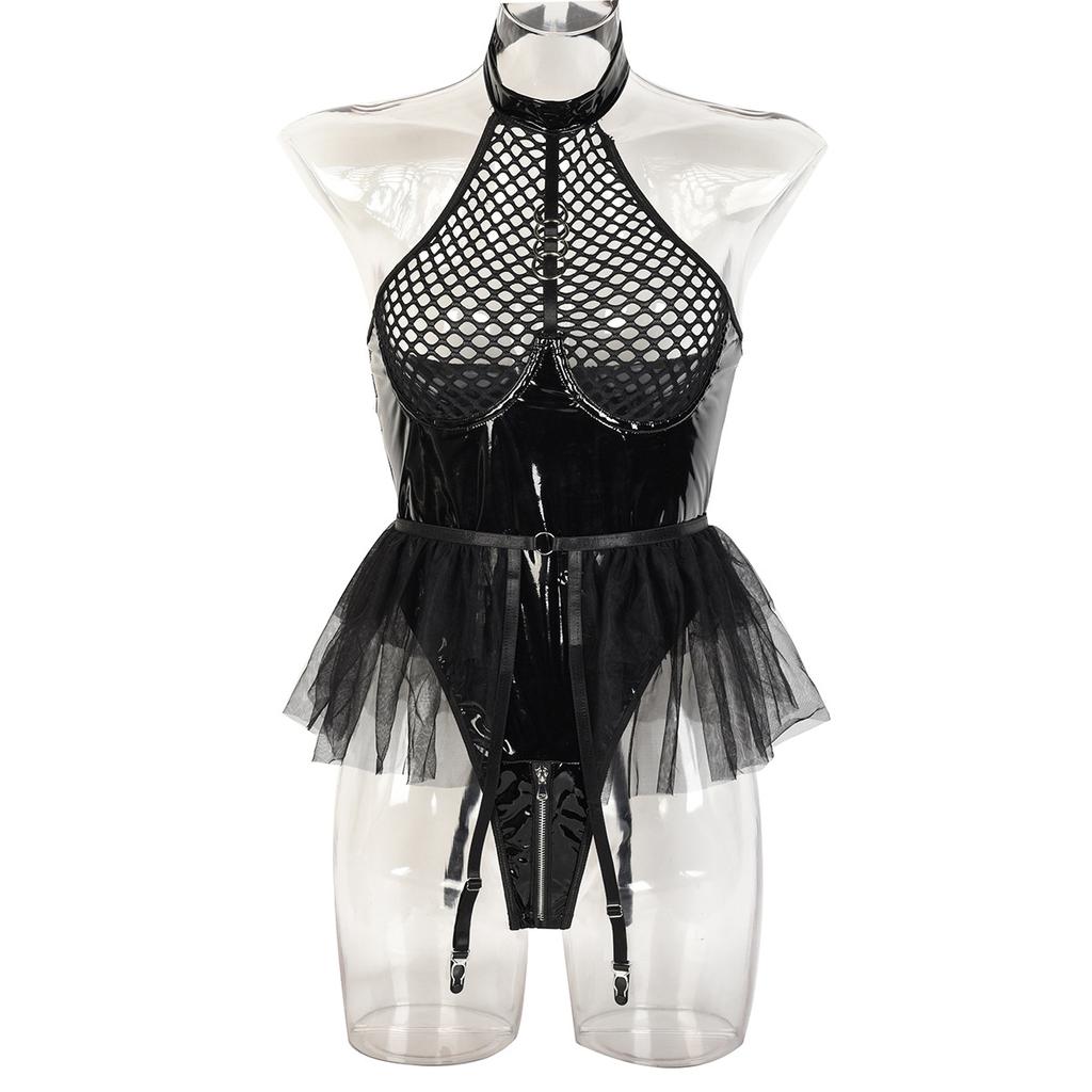 European Sexy, PU Patent Leather Mesh, Splicing Neck, Underwear Mesh, Skirt Skirt, Garter Belts, Detachable Jumpsuit