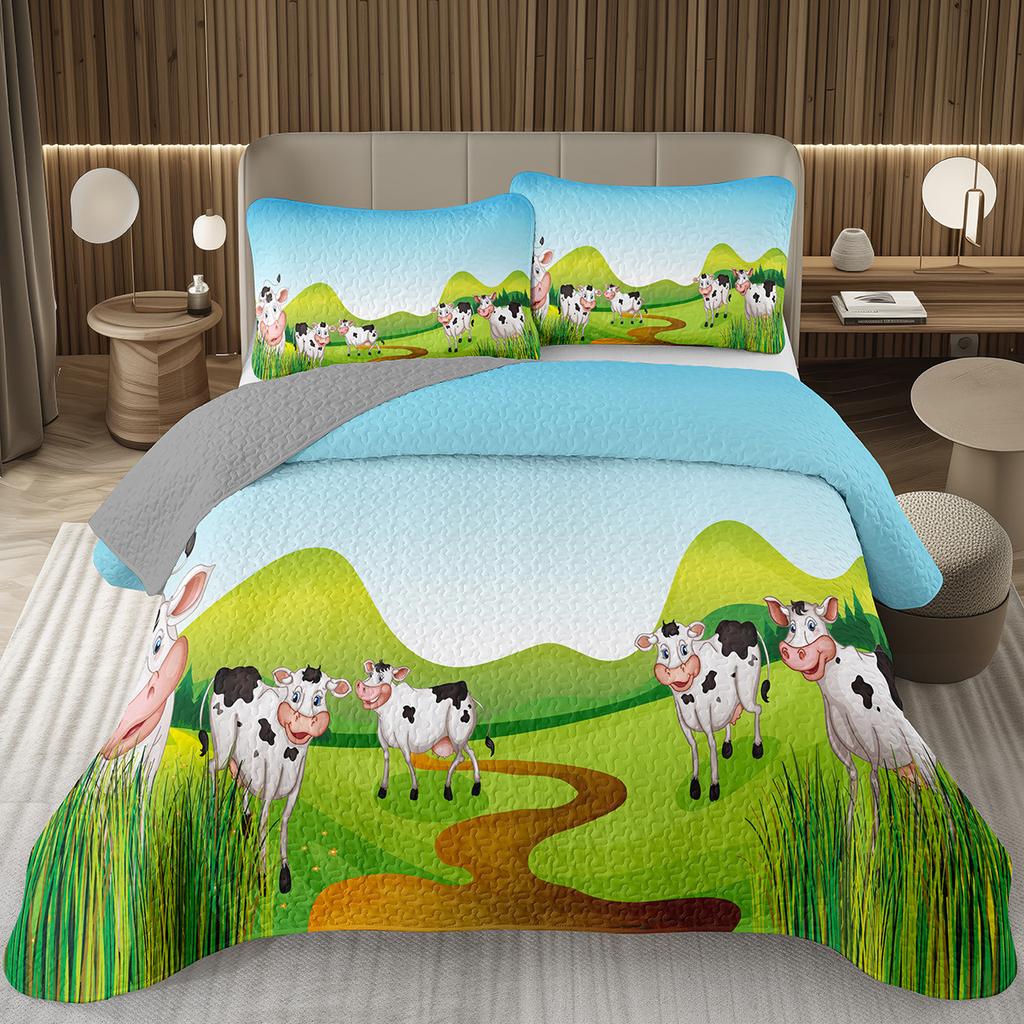 Cute Milk Cow Bedspread Cartoon Wildlife Coverlet Twin King Western Farm Animal Print Quilt Set For Kids Boys Girl Bedroom Decor