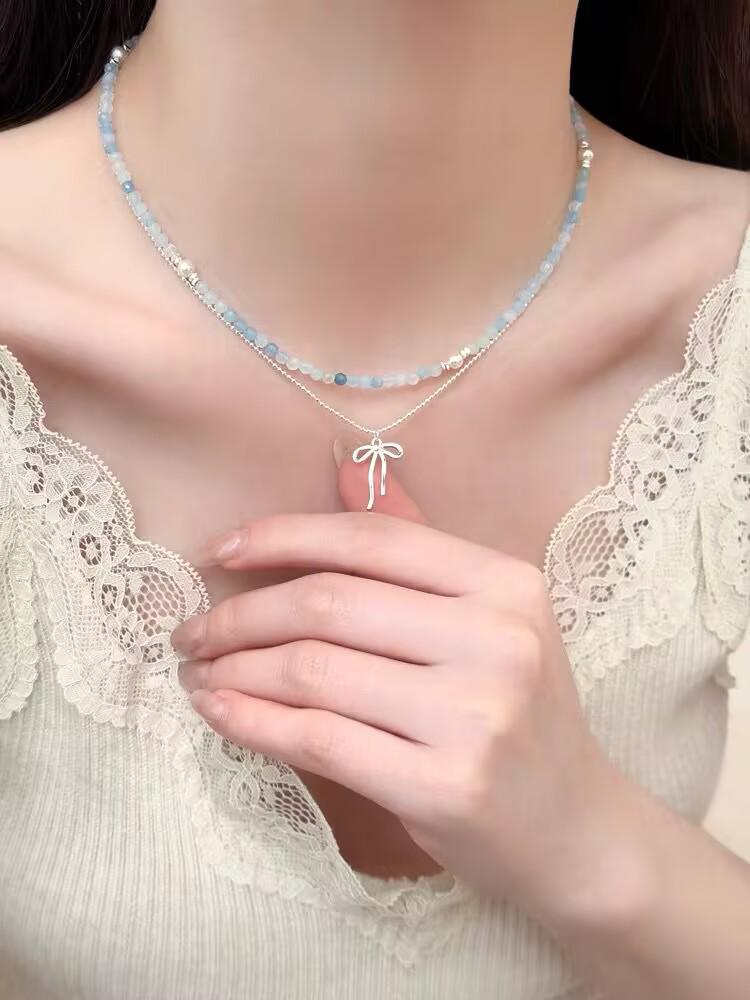 Chic French Sweet Blue Beaded Sterling Silver Bow Necklace & Bracelet Set