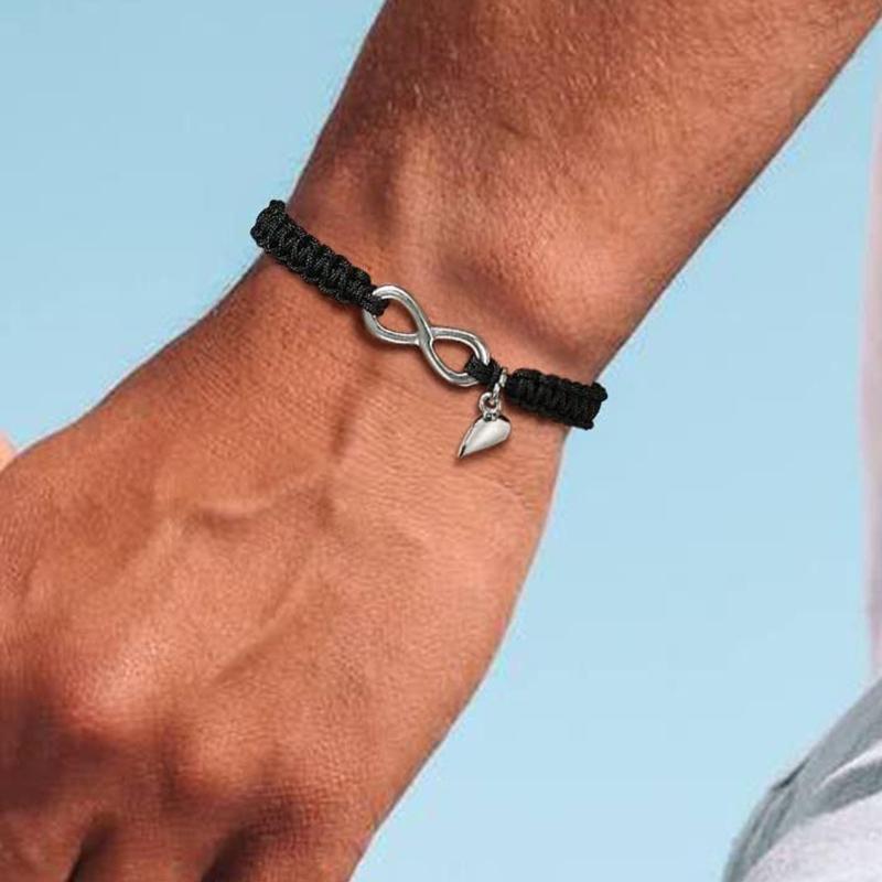 Braided Cord Bracelet Pair with a Split Heart Design, Adjustable Sliding Closures, and Smooth Stainless Steel Details