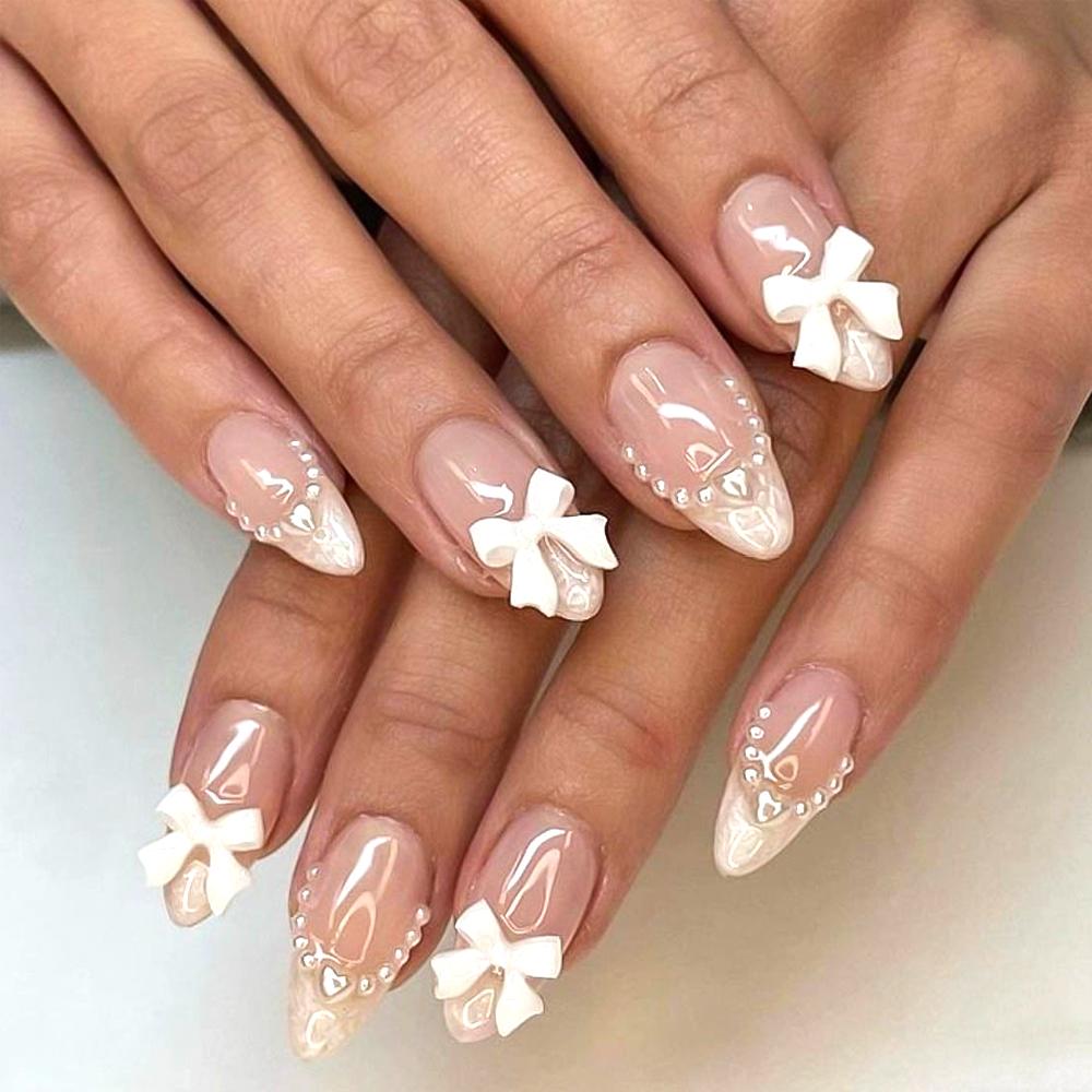 24Pcs Bow Pearl Press on Fake Nails Nude Pink Almond French Stick on False Nail Korean Sweet Girls Wearable Press