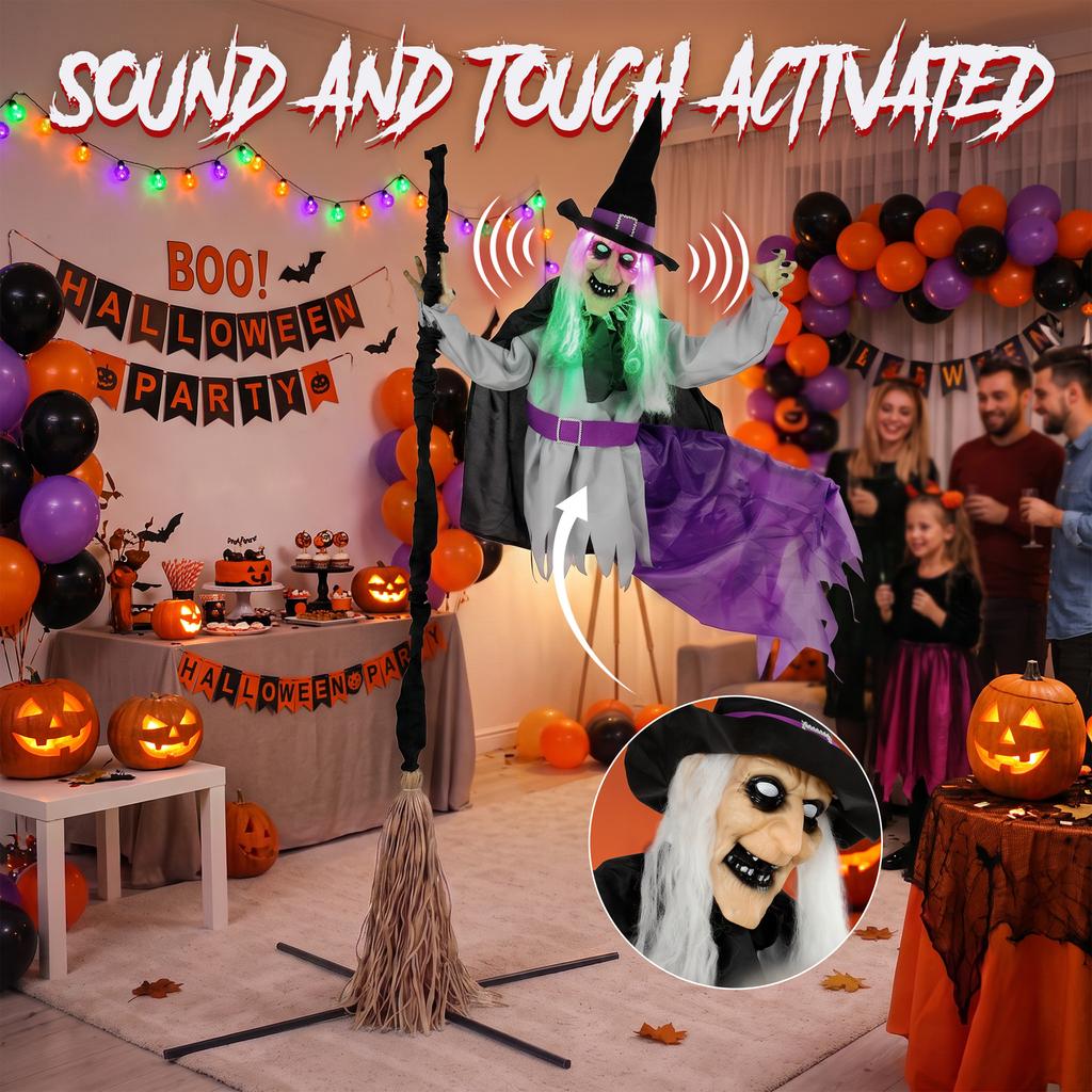 200 Cm Life Size Animated Flying Witch Halloween Decorations Outdoor Indoor Scary Halloween Animatronics Decor