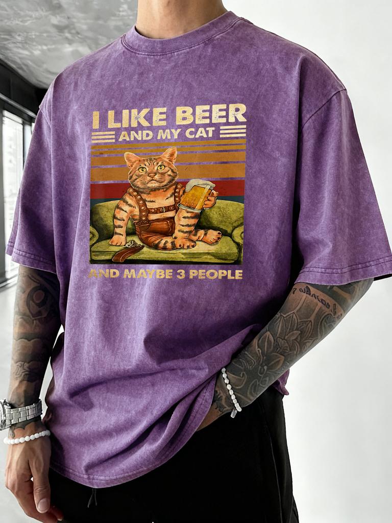 I Like Beer And My Cat Print Washed Tee Shirt Mens Trendy Cotton Sportswear Crewneck Casual T Shirts Loose Breathable Clothing