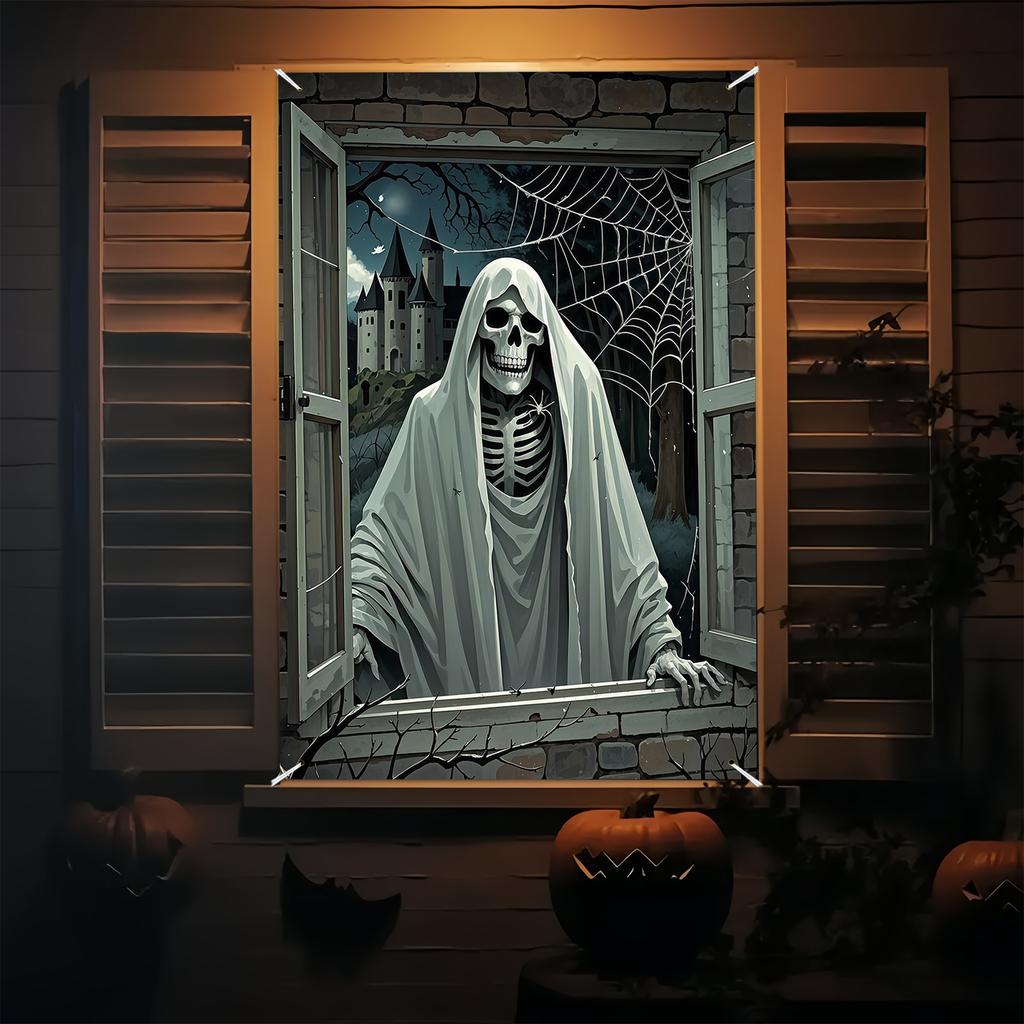 Party banner, 1 piece, made of polyester, Halloween horror-themed window decoration, with a white robe frame design
