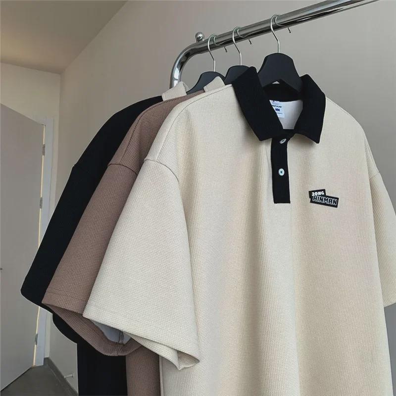 Men's Retro Waffle Polo: Short Sleeve Lapel Shirt for Summer Couples