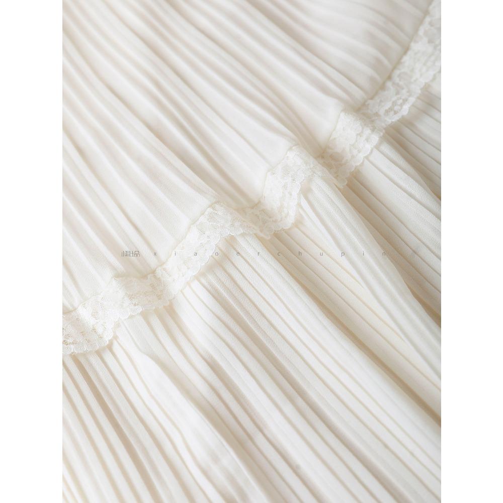 Dimanaf 2025 Summer Women New Skirts Chiffon Solid Lace Pleated Elastic Waist Mesh Elegant Skirts