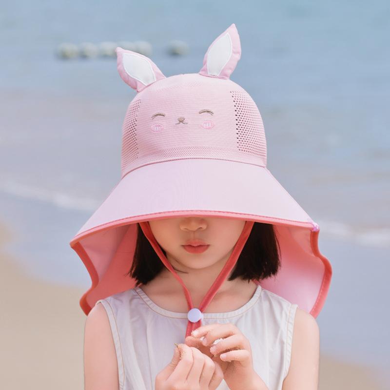 Children's hat cartoon cute big eaves bucket hat for boys and girls outdoors shawl neck protection sun hat