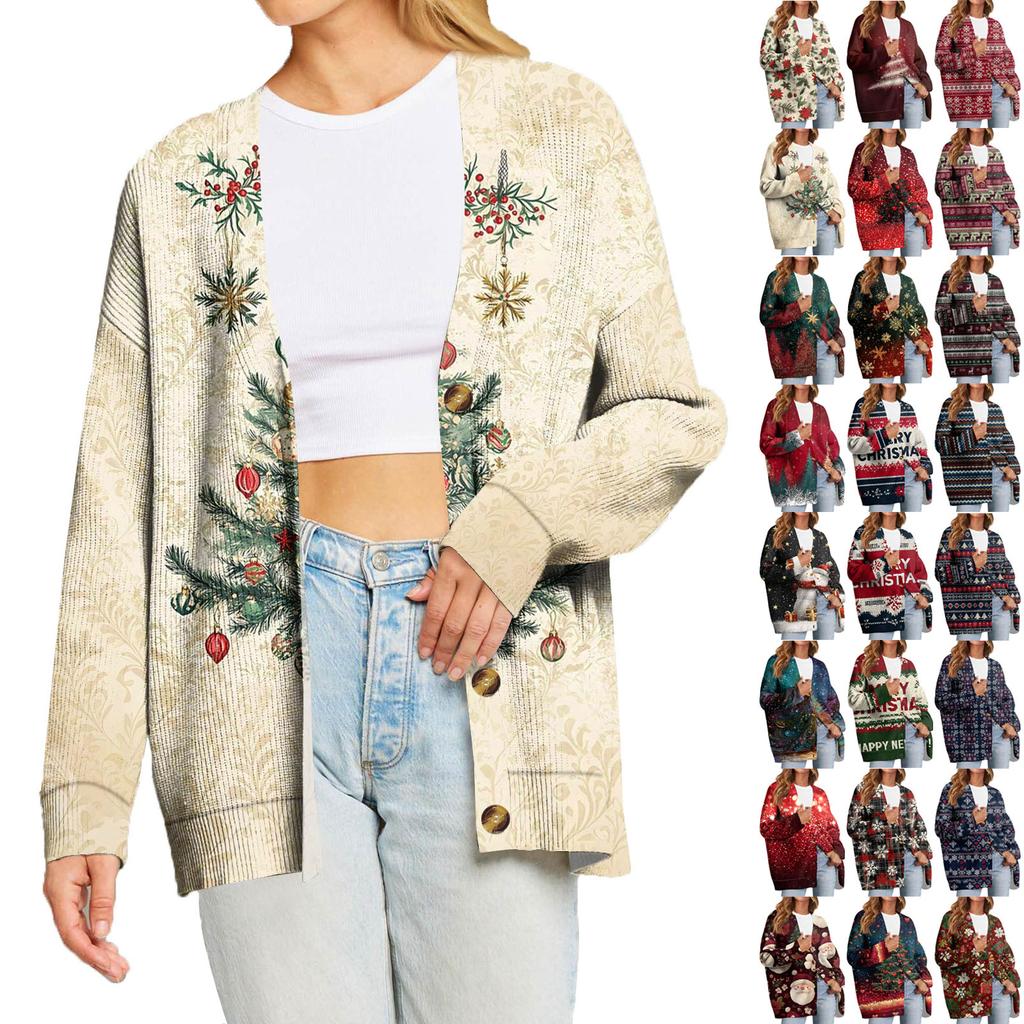 Women's Fashion Long Sleeve Christmas Print V-Neck Button Loose Cardigan Top
