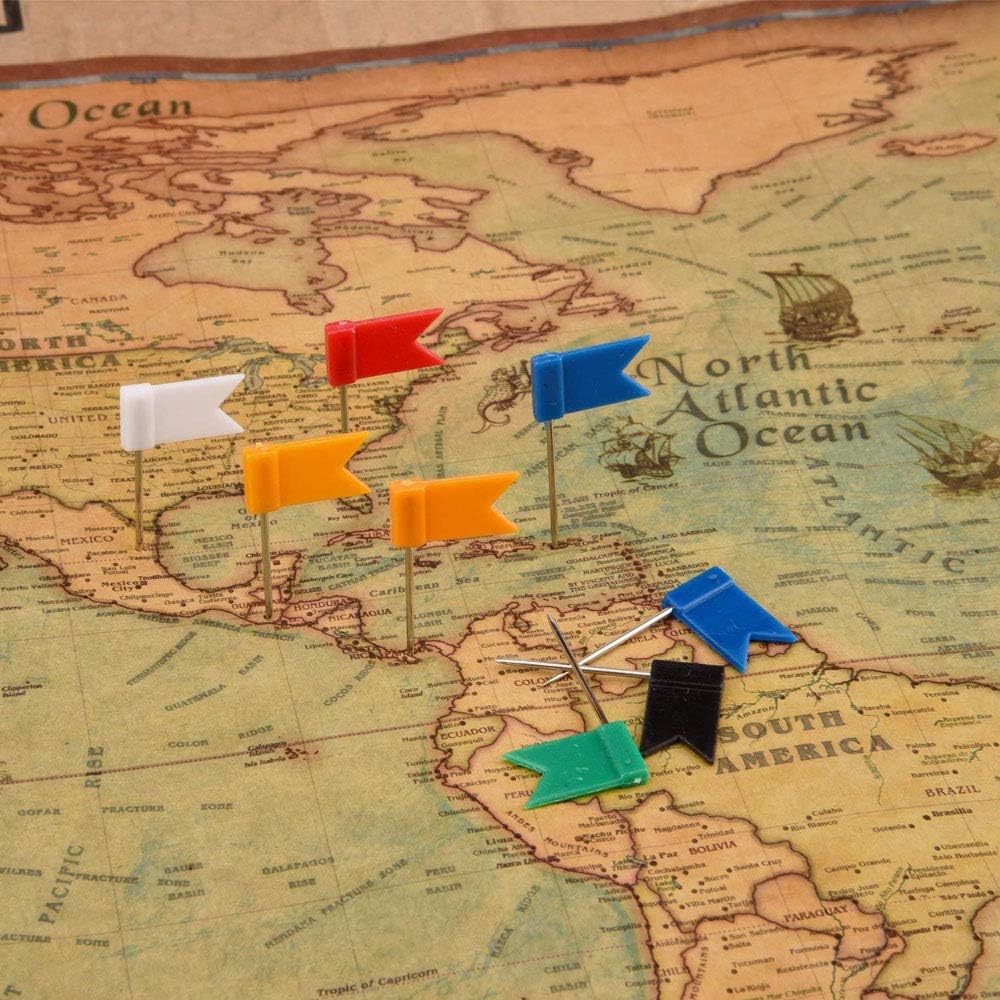 100PCS Map Flag Push P, Newlan Colorful Map Tacks Push P, Flag Tacks with Steel Points - 7 Colors