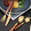 Four-piece Set of 304 Stainless Steel Knives Forks and Spoons with Limu Handles and Titanium-plated Metal Tableware