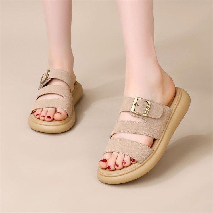 One-word Sandals Women's Outer Wear 2025 New Summer Fashion Metal Square Buckle Soft Bottom Non-slip Beach Slippers with Skirt