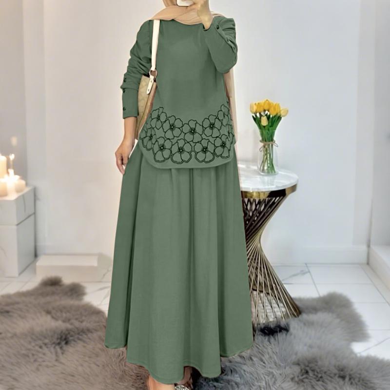 ZANZEA Women Long Sleeve Print Blouse and Long Skirts Muslim Two Piece Suit Sets