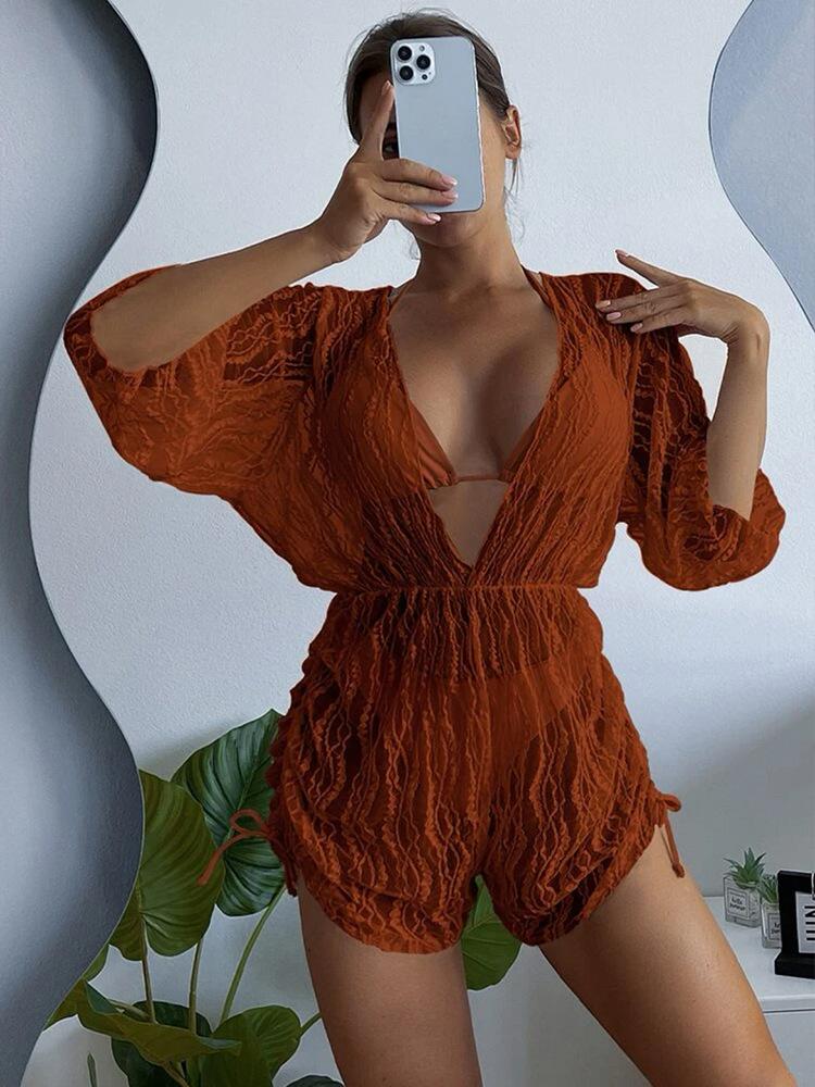 New long-sleeved mesh girdle one-piece swimsuit high-waist printed drawstring three-piece bikini