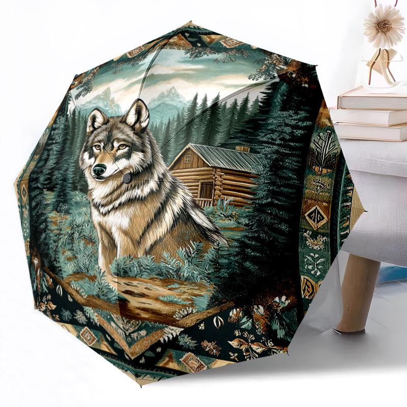 Wolf Traumlandschaft Automatischer Outdoor-Regenschirm Einziebares Design mit 8 Speichen Langlebig Leicht Perfektes Geschenk für Freunde Familie