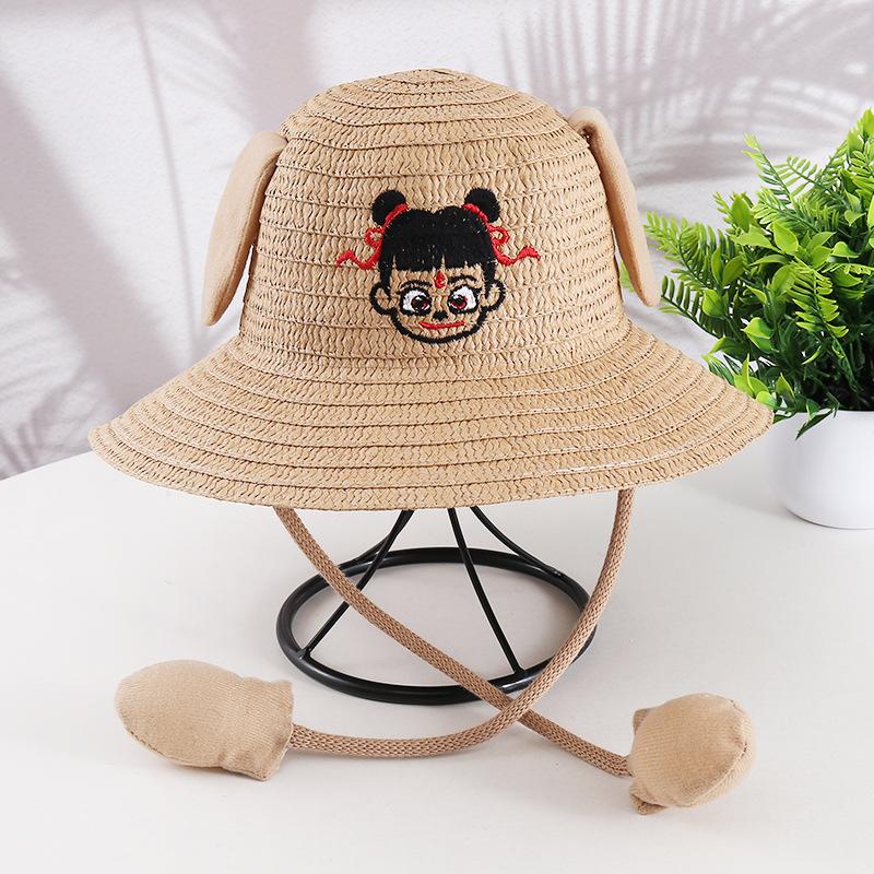 Ears move rabbit hat scenic cartoon cute children's straw hat summer sun protection Nezha sun hat airbag hat