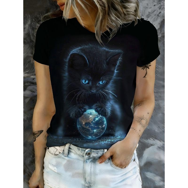 Funny Women's Cat Graphics T-Shirt Cute 3D Print Tees Fashion Tops Short Sleeves O-Neck T-Shirts Street Summer Woman Clothing