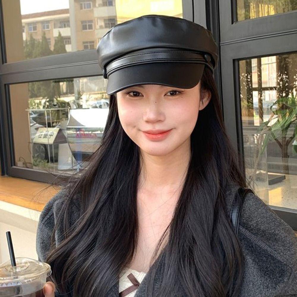 Korean Style Berets PU Leather Sports Cap Fashion Octagon Hat  Women Men