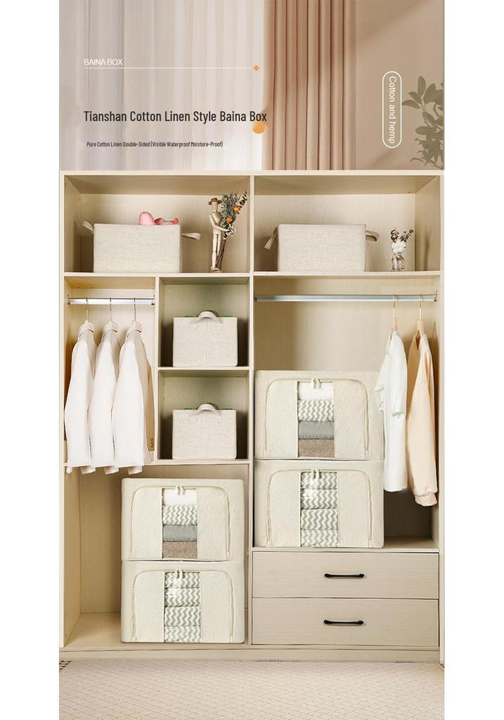 Tianshan Foldable Cotton Linen Storage Box with Spray-Painted Steel Frame for Quilts and Wardrobes