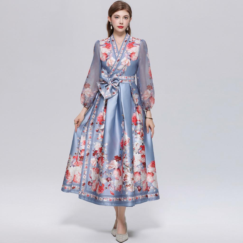 Wunderschönes Blumenwickel-Langarmkleid Damen V-Ausschnitt Laternenärmel Chiffon-Patchwork Dickes Satin-Band-Schnürgürtel Partykleid