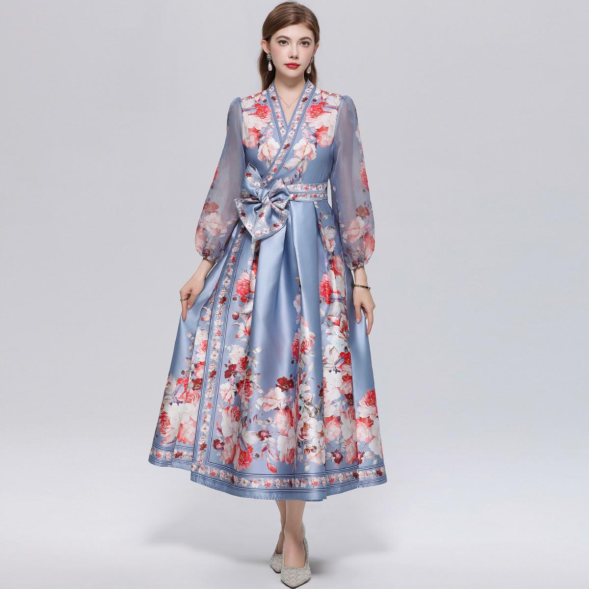 

Gorgeous Flower Wrap Long Dress Women s V-Neck Lantern Sleeve Chiffon Patchwork Thick Satin Bandage Lace Up Belt Party Dress XXL