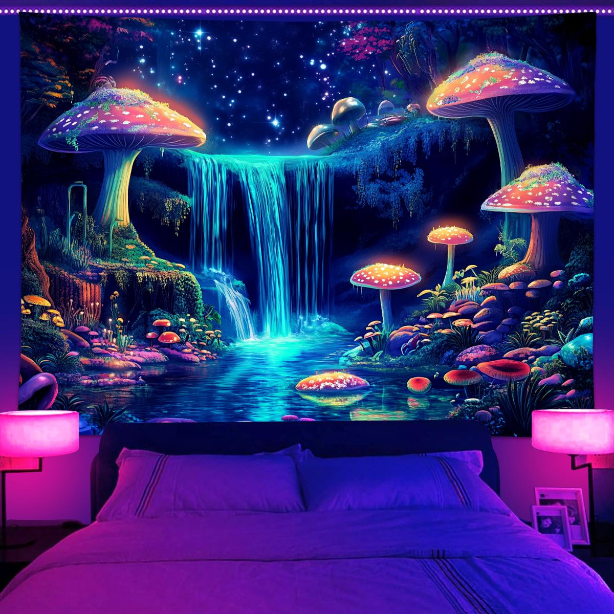 1pc Fluorescent mushroom tapestry, UV reactive black light tapestry, mysterious mushroom natural landscape forest tapestry 95x73cm