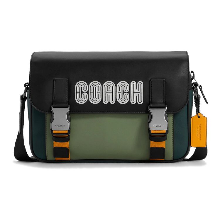 Coach Track 27 Logo Print Flap Zipper Color Block Messenger Bag Men Shoulder Bag Black Green C6657-QBTII