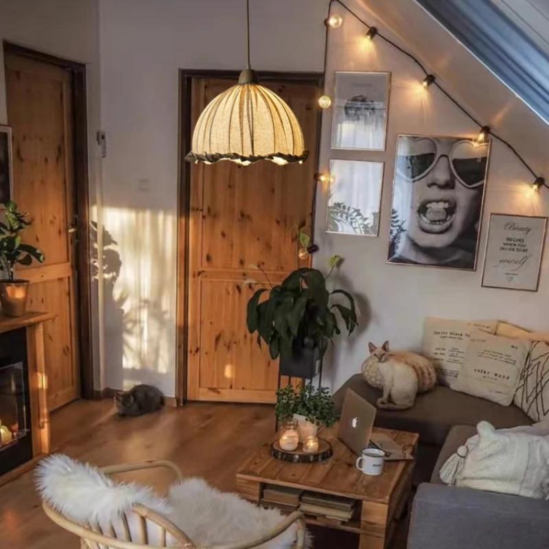 Japanese Southeast Asian Retro Cotton Linen Chandelier Room Decor Bedroom Living Room Pendant Lamp Restaurant Led Lights Lustre