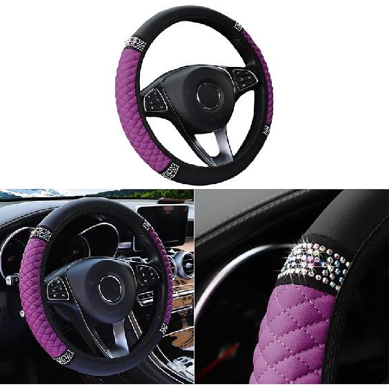 Bling Car Steering Wheel Cover, 15 Inch Rhinestones Soft Leather Elastic Steering Wheel Protector, Sparkly Crystal Diamond For Women Girls, Car