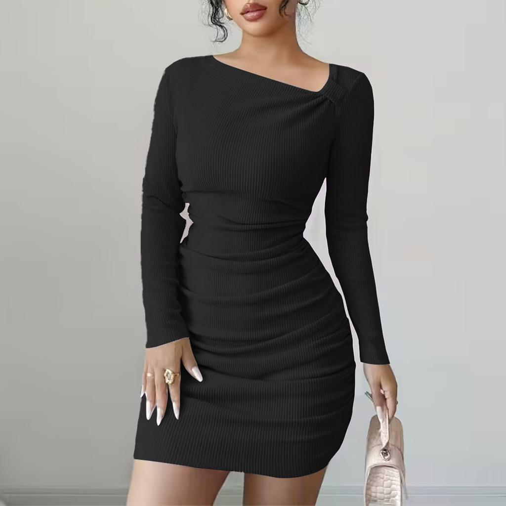 Women's Fashionable Color Slanted Collar Long Sleeved Dress With A Slim Fit And Elastic Buttocks