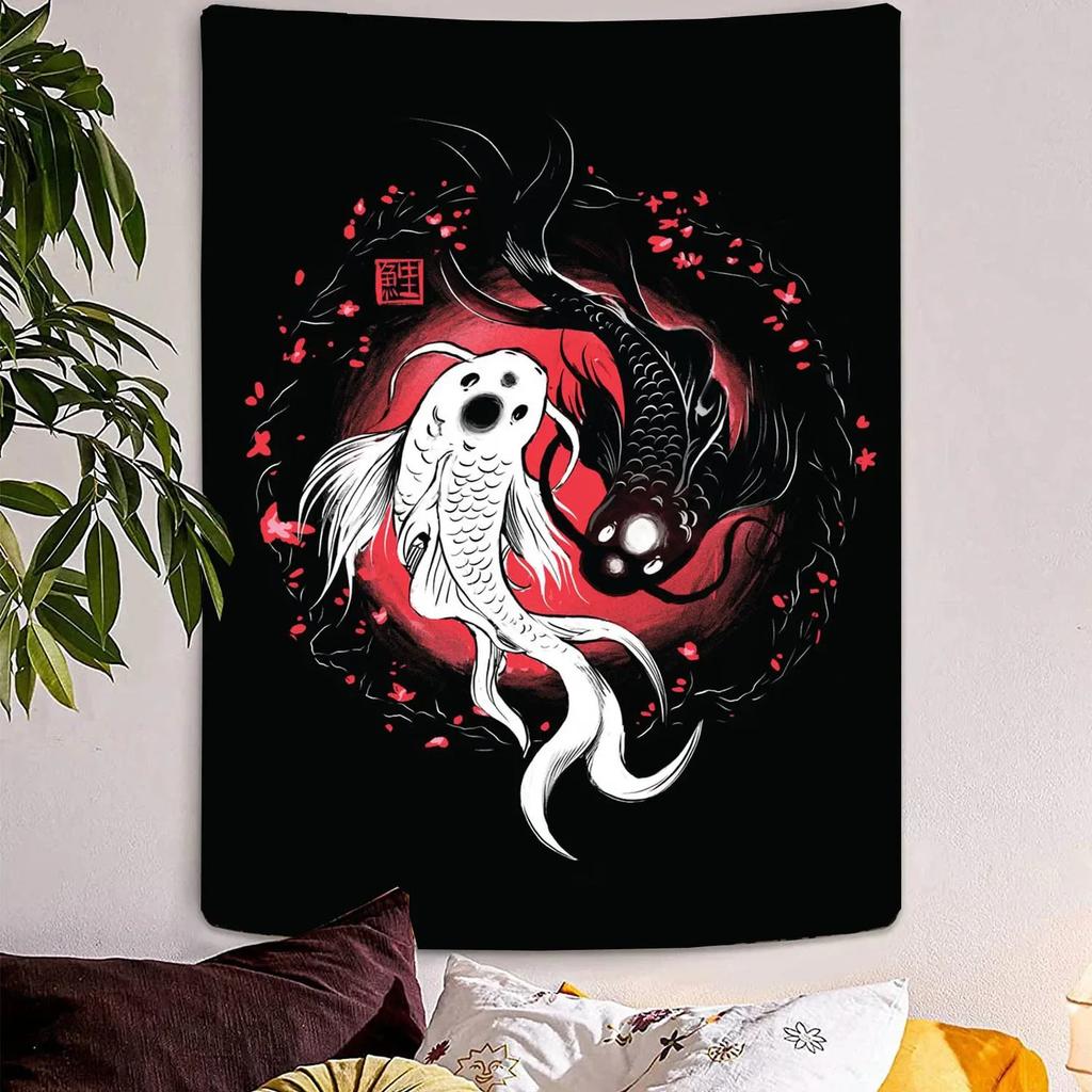 VIKAMA Japanese Wabi Sabi Tapestry Black White Koi Cherry Blossoms Fuji Boho Wall Hanging Home Office Decor