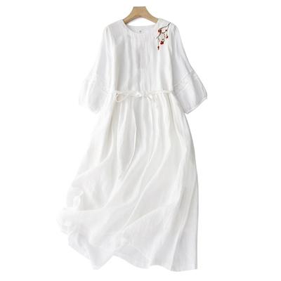 Summer Vintage Embroidery Solid Color Long Dresses Women Casual Breathable White Thin Dress Robe Elegant Clothing