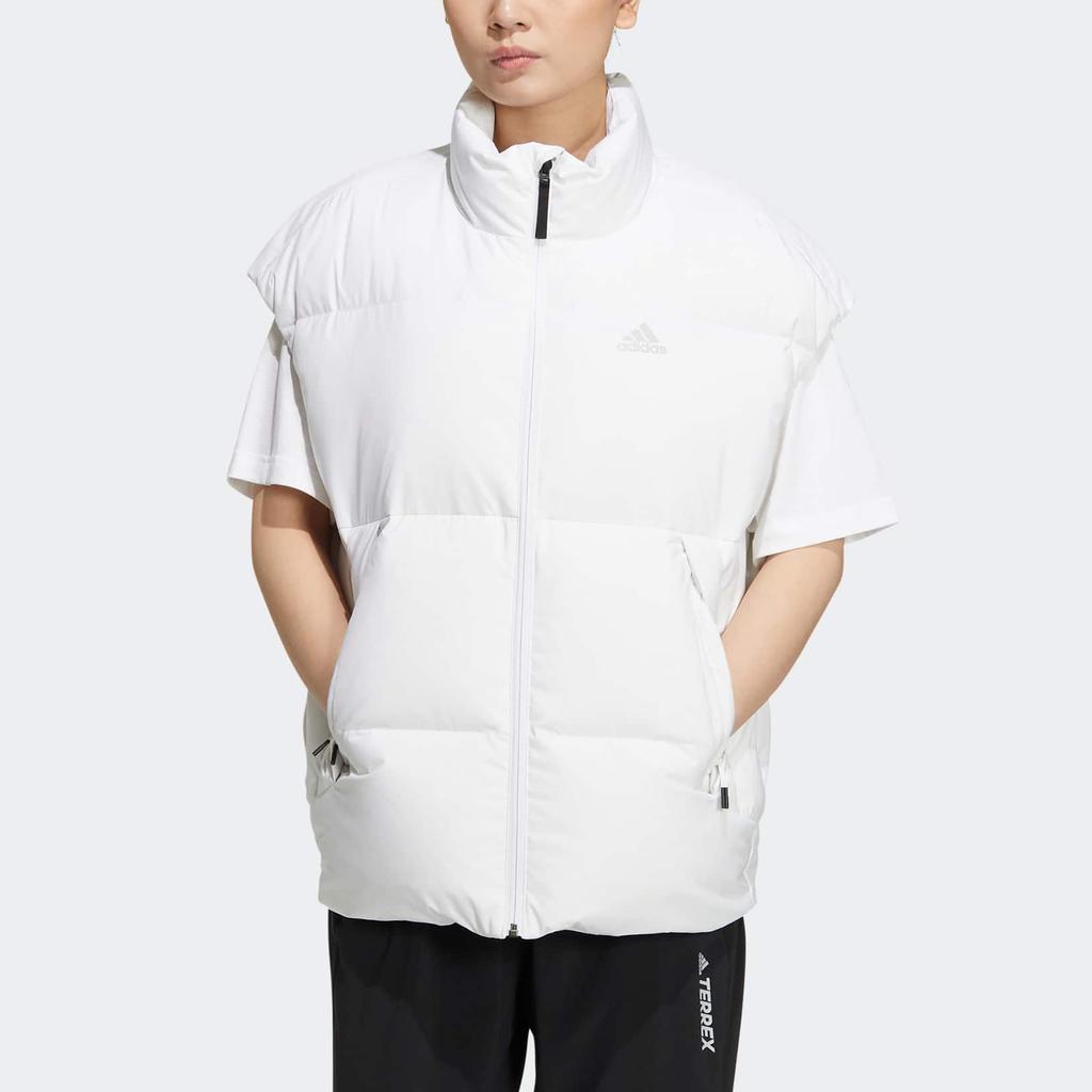 Adidas White Down Vest With Solid Color Printed Logo And Zipper Stand Collar Women Vests HR5238