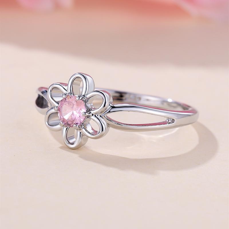 Niedliche hohle Blumenringe mit rosa Zirkonia für Damen, schlichte silberfarbene Hochzeits-Party-Schmuckgeschenke