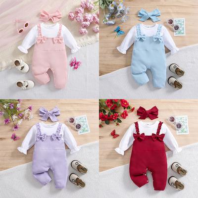Mono de Algodón de Manga Larga de Color Sólido de Moda para Bebé Niña con Decoración de Lazo y Diseño Falso de Dos Piezas con Diadema