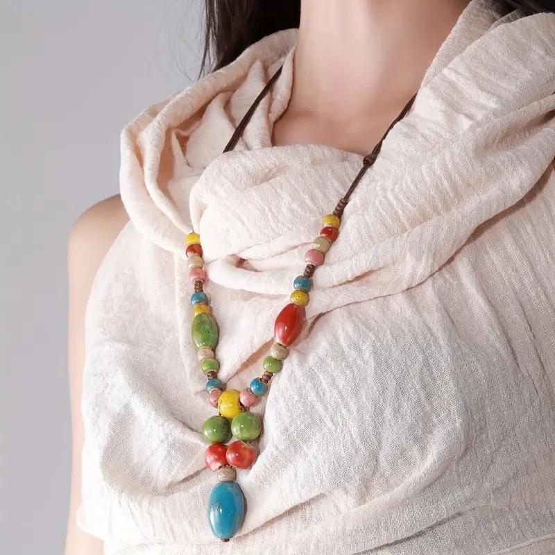 JMXD Boho Vintage Ceramic Long Necklace Sweater Chain Pendant Statement Versatile Clothing Accessory Ethnic Retro Fashion Jewelry