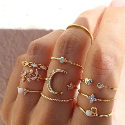 Ensemble de 6 bagues en cristal vert pour femmes Plaqué or Esthétique Vintage Géométrique Luxe Bijoux pour Dame Cadeau Mode 2023 Bagues