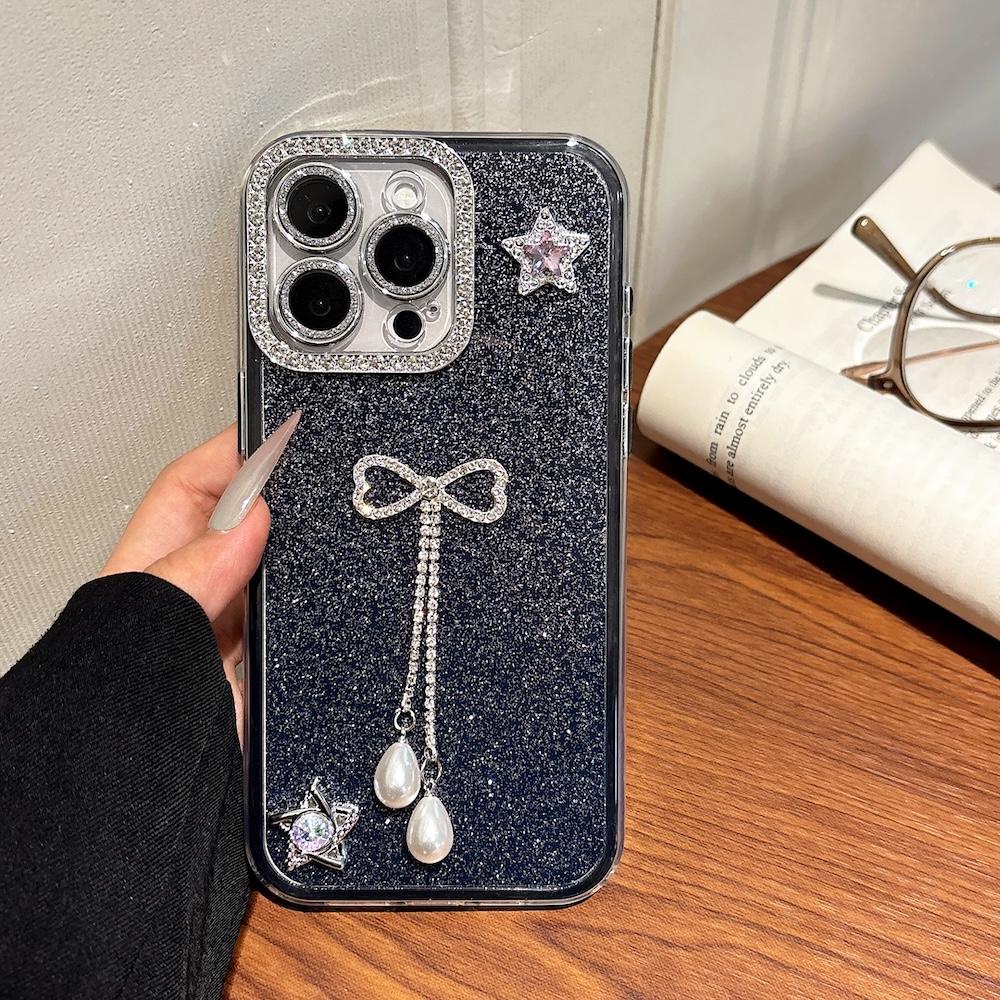 Luxury Shinny Diamond Star Glitter Bow Case for iPhone 16 Pro Max 15 13 14 Plus 12 11 Pro Max Cute Shimmering Protective Cover