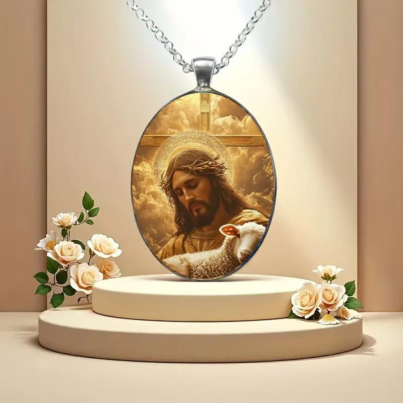 A Jesus and Lamb Pendant Christian Necklace, Time Gem Spiritual Jewelry Jesus Good Shepherd Silver Necklace Catholic Patron Saint Pendant Gift