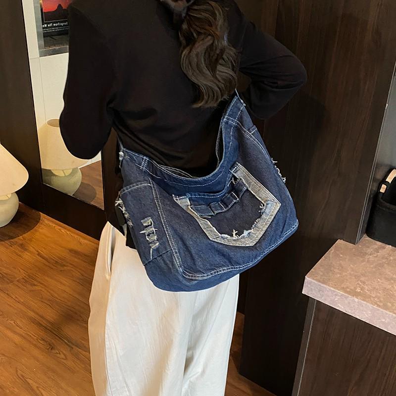 Korean Washed Denim Tote Bag - Women's 2025 Summer Fashion, Large Capacity Shoulder Crossbody