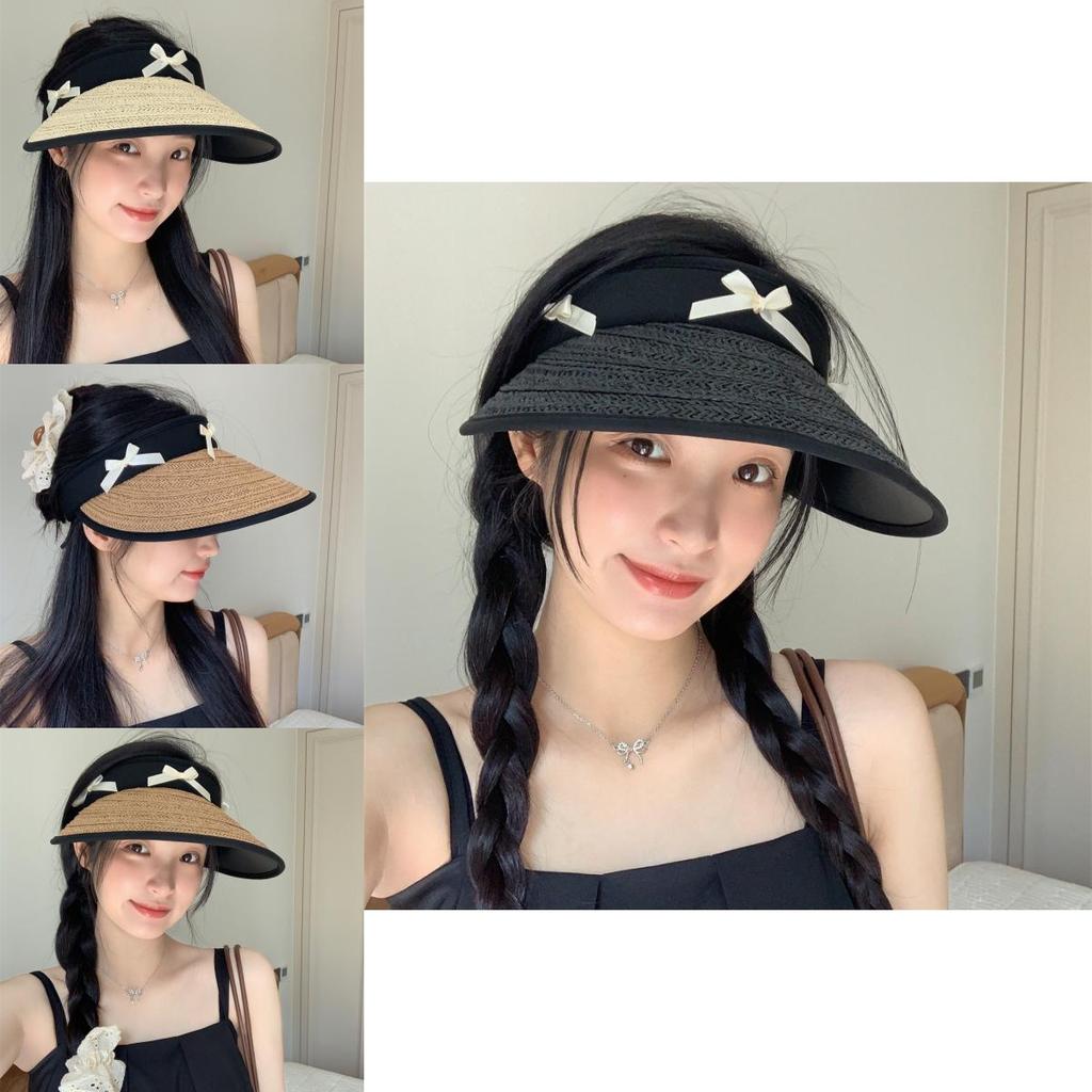 Summer Black Straw Wide Brim Hat For Women With Bow Adjustable For Outdoor Use
