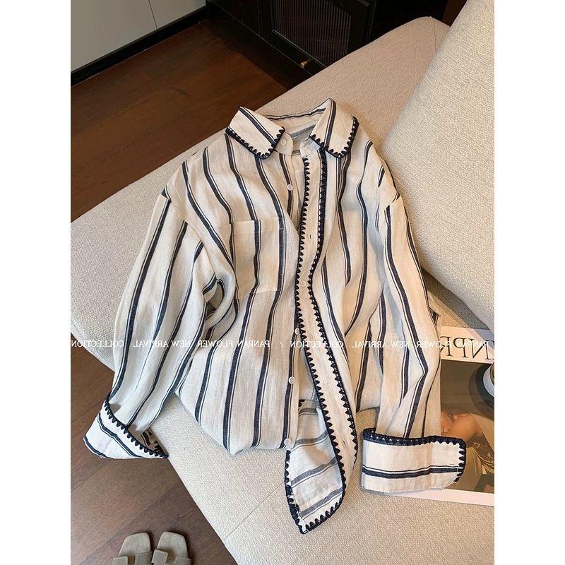 

Nanyou High Goods Женская одежда! Ретро праздный стиль Черно-белая полоска Рубашки с длинным рукавом Женский Весна 2025 Новый Повседневный топ Image color S