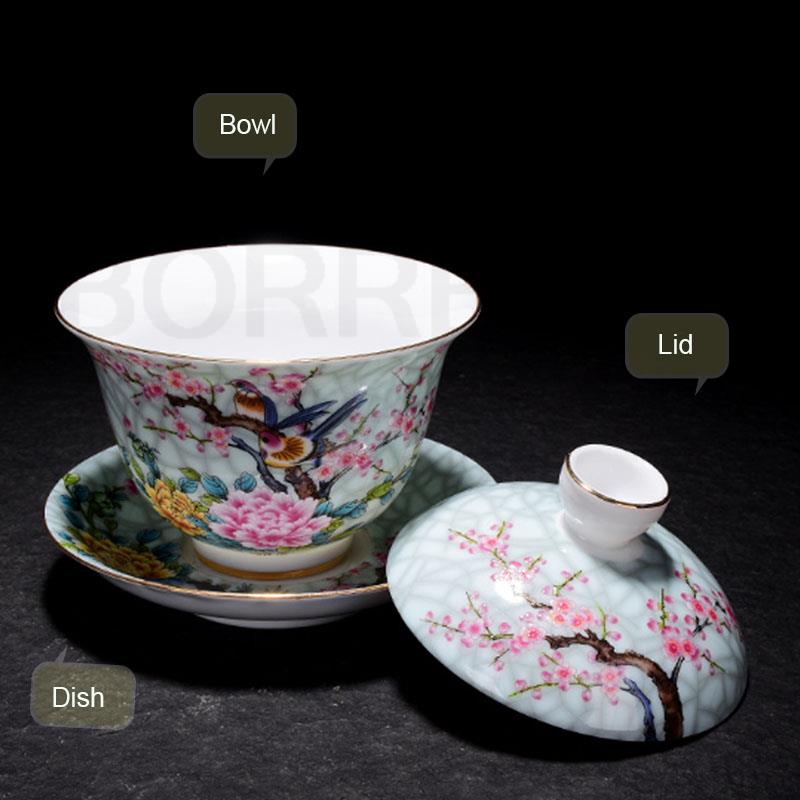 BORREY Chinese Ceramic Magpie Gaiwan Tea Set Kung Fu Tea White Porcelain Gai Wan Outline In Saucer Teaware Ceremony Dish Tea Cup