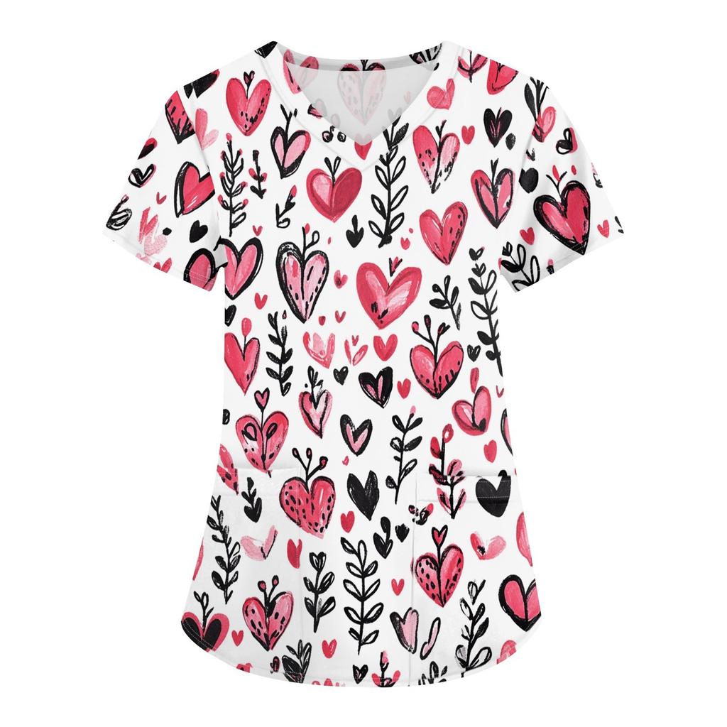 Women's Fashion V-neck Short-sleeved Work Clothes With Pockets Valentine's Day Print Top Care Wear