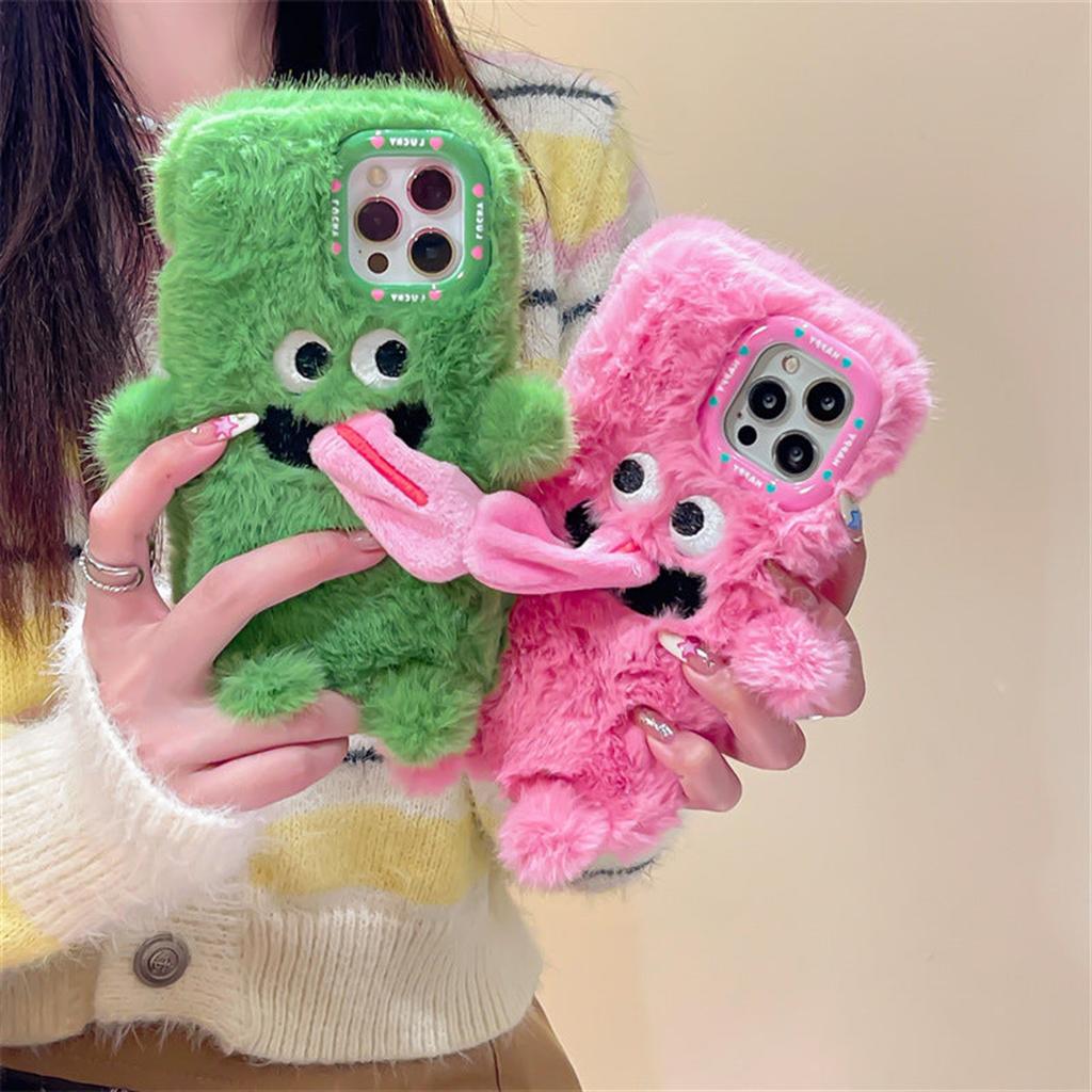 Funny Tongue Sticking Out Plush Mobile Phone Case, Winter Warm Fuzzy Phone Case Cover, Christmas Cute Phone Case For 15