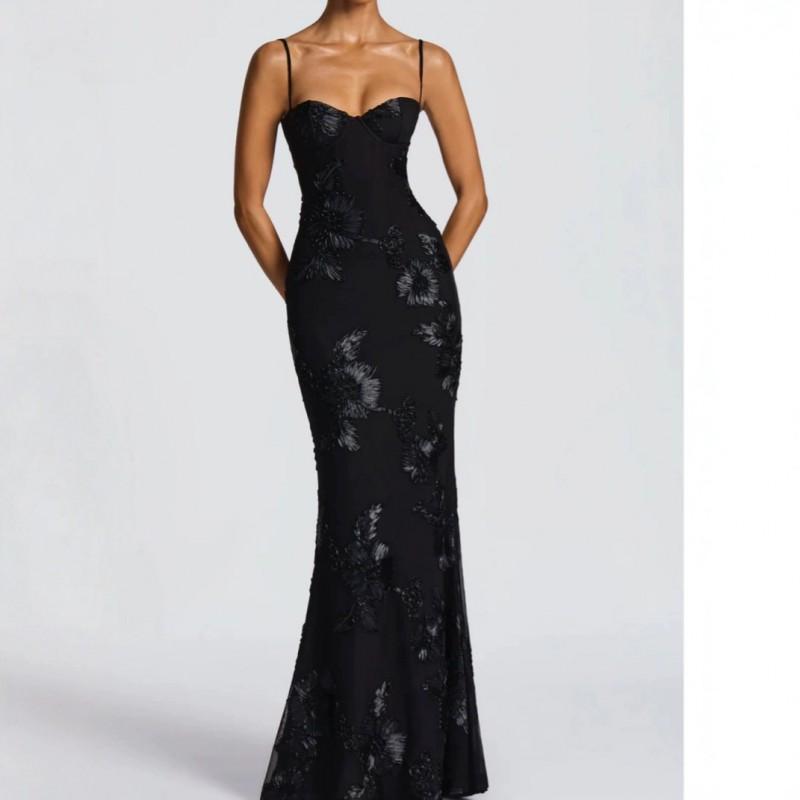 Elegant Floral Embellished Evening Dress Women Slim Fit French Chic Long Gown Sleeveless Wrap Waistline 2025