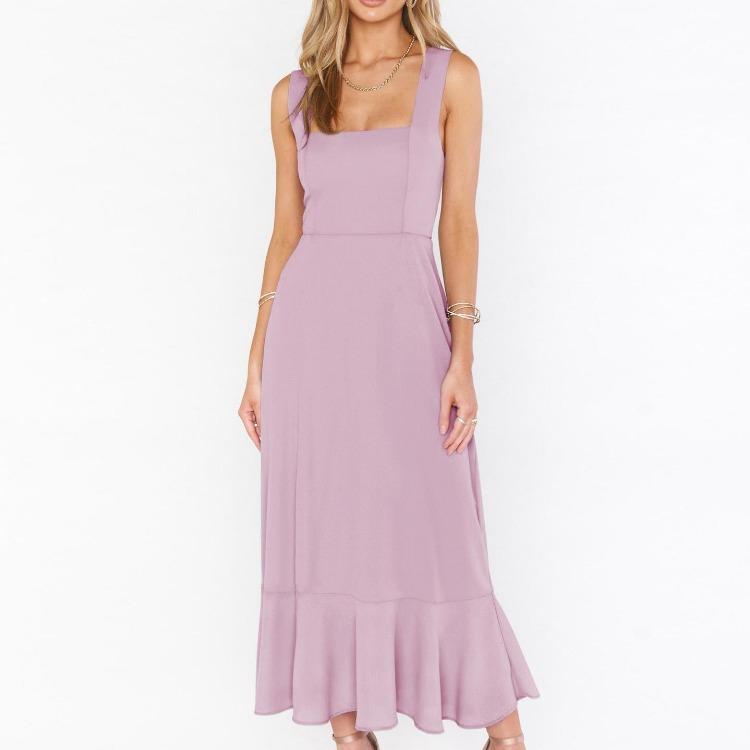 Women Summer Casual Sleeveless Spaghetti Strap A-Line Dress High Waist Long Split Solid Color Dresses