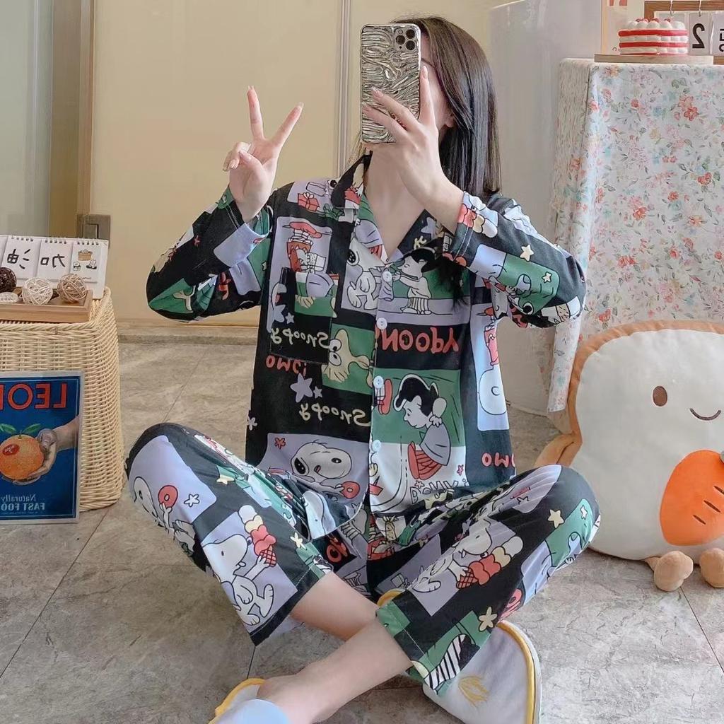 2pcs Spring And Autumn Ladies Pajamas Girls Homewear  Of Autumn And Winter Cartoon Cute Homewear Long-Sleeved Trousers Set