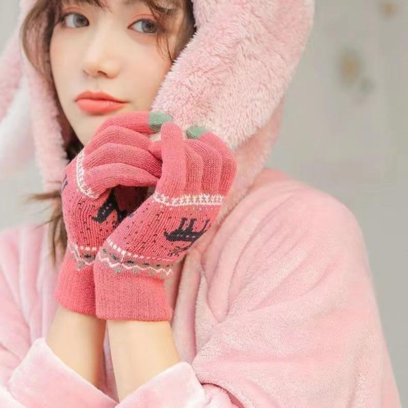 Deer Christmas Warm Gloves Five Fingers Wool Knitted Cotton Student Adult Riding Cartoon Gloves Female